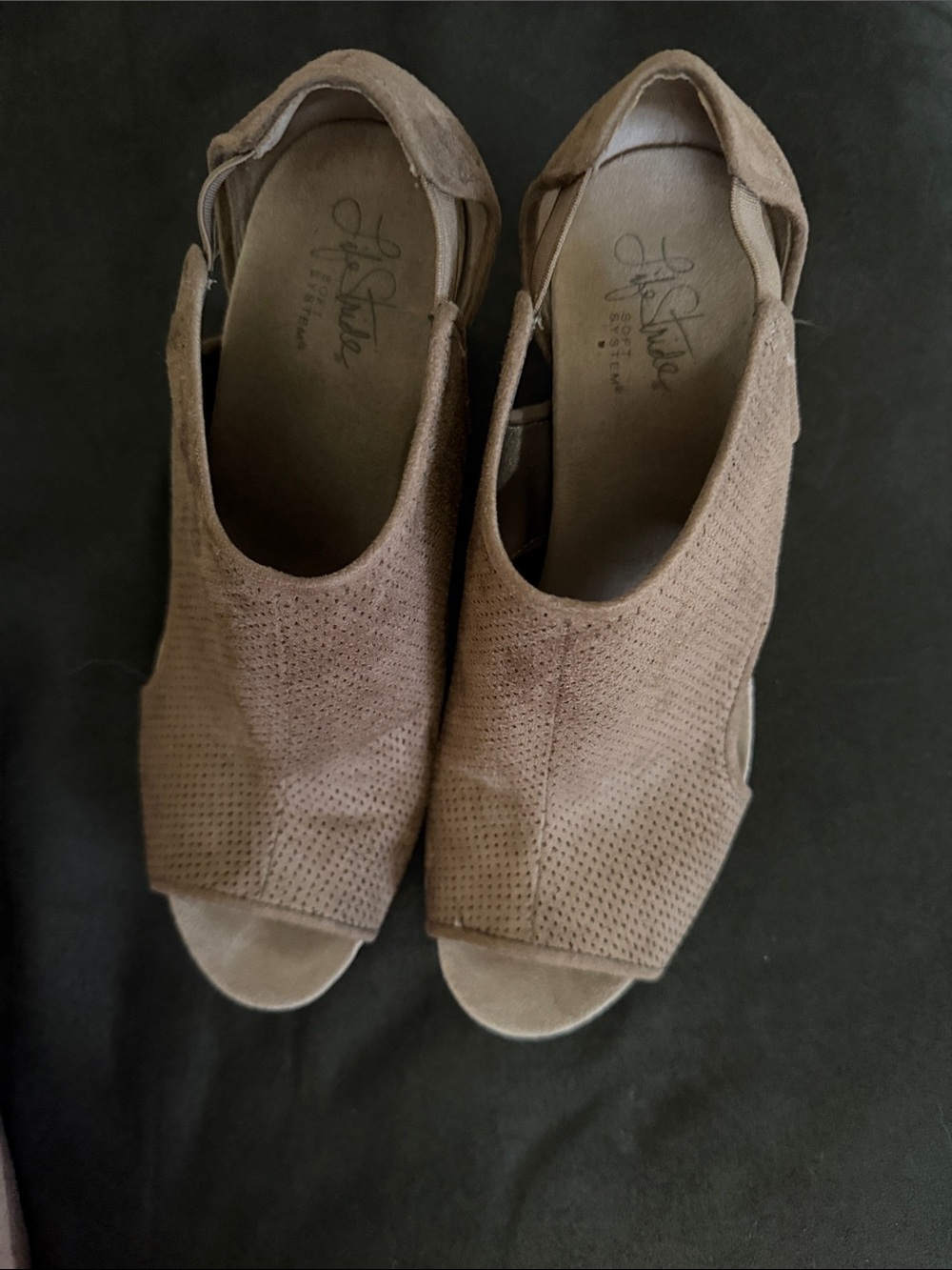 Life Stride Taupe Open-Toe Perforated Slingback Heels